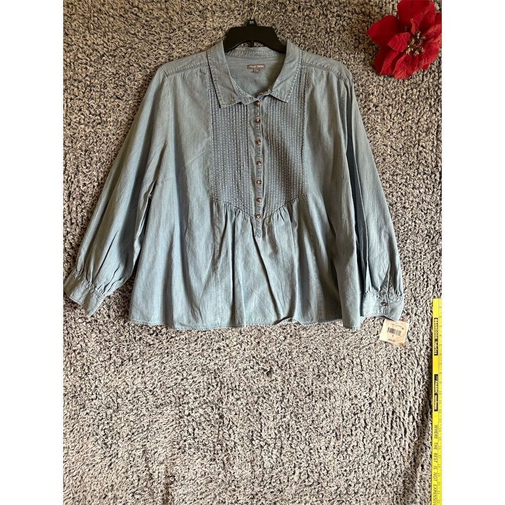 Falls Creek Women's 3XL Light Blue Button-Up Long Sleeve Blouse